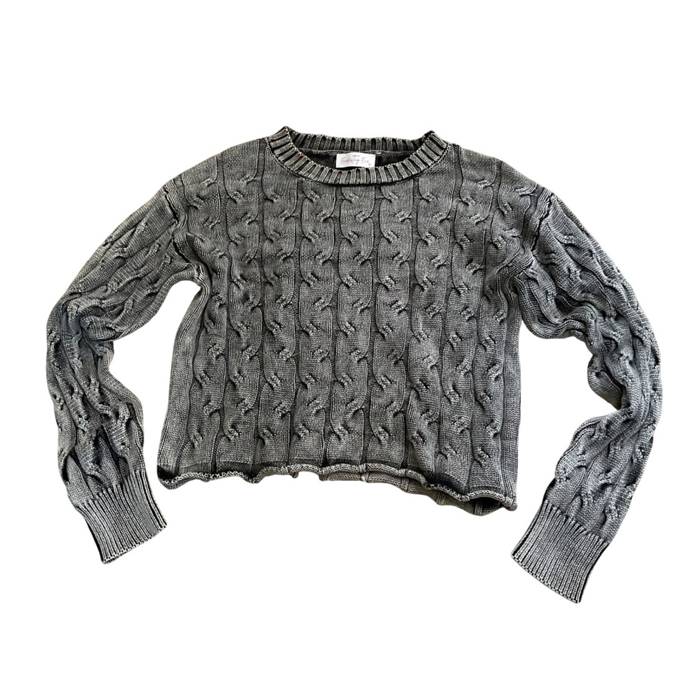 Everlasting Eve Womens Gray Cable Knit Acid Wash Cropped Crewneck Sweater Small